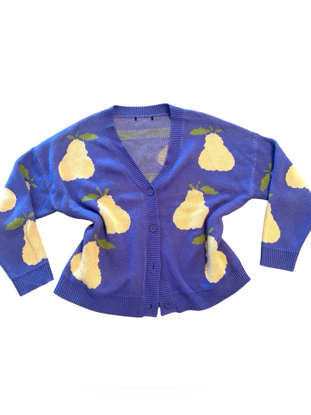 Forever 21 Blue V-Neck Pear Print Button Cardigan